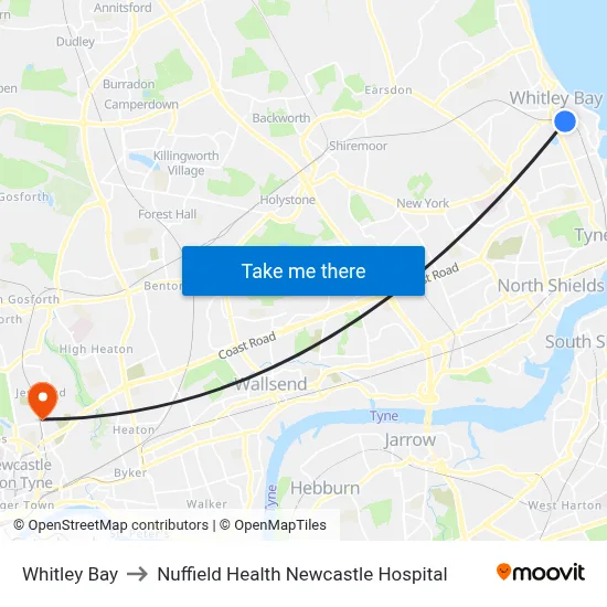 Whitley Bay to Nuffield Health Newcastle Hospital map
