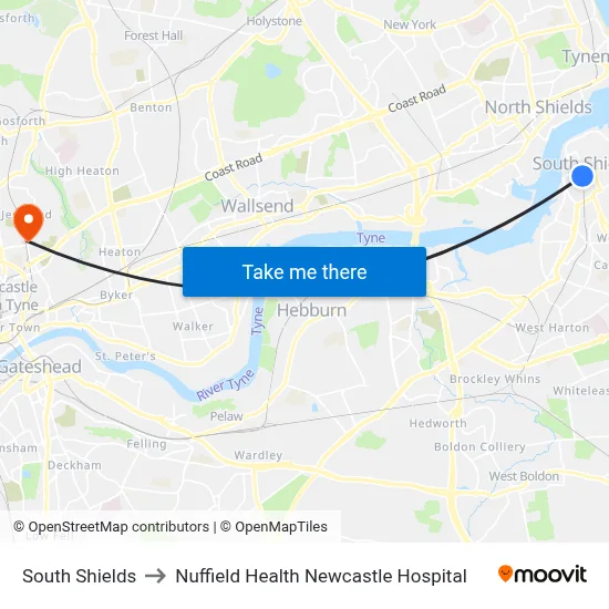 South Shields to Nuffield Health Newcastle Hospital map