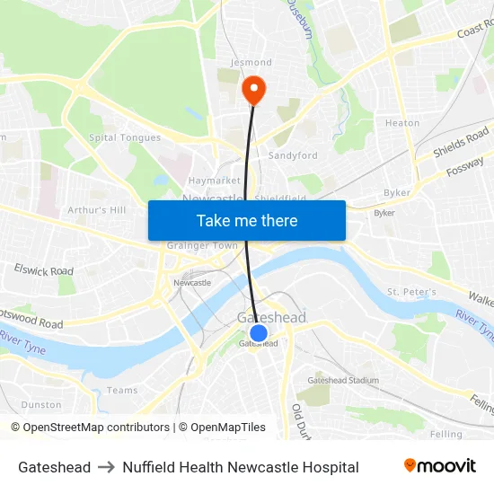 Gateshead to Nuffield Health Newcastle Hospital map