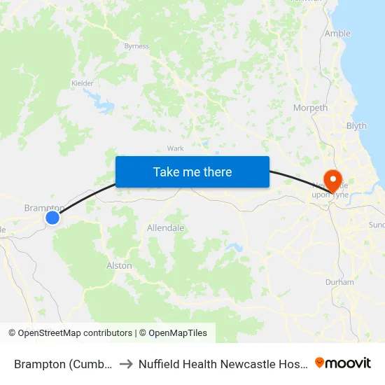 Brampton (Cumbria) to Nuffield Health Newcastle Hospital map
