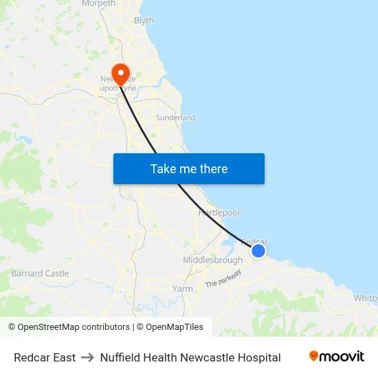 Redcar East to Nuffield Health Newcastle Hospital map