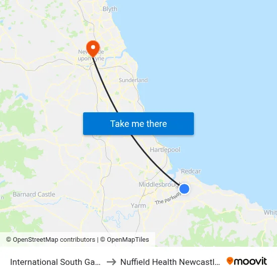 International South Gate, Wilton to Nuffield Health Newcastle Hospital map