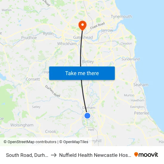 South Road, Durham to Nuffield Health Newcastle Hospital map