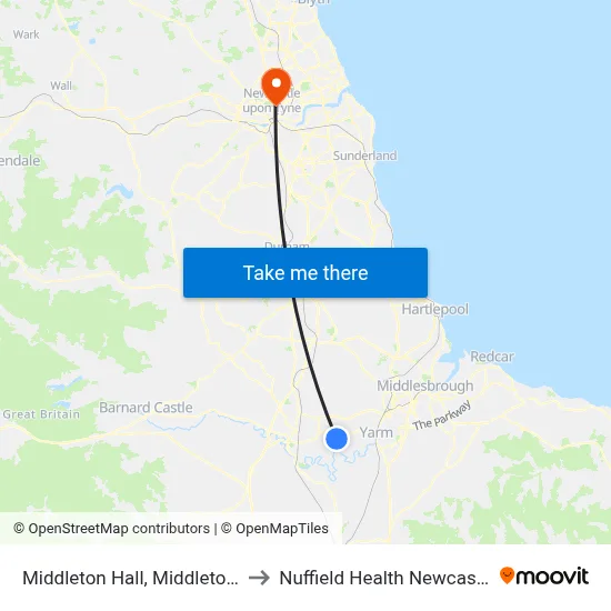 Middleton Hall, Middleton St George to Nuffield Health Newcastle Hospital map