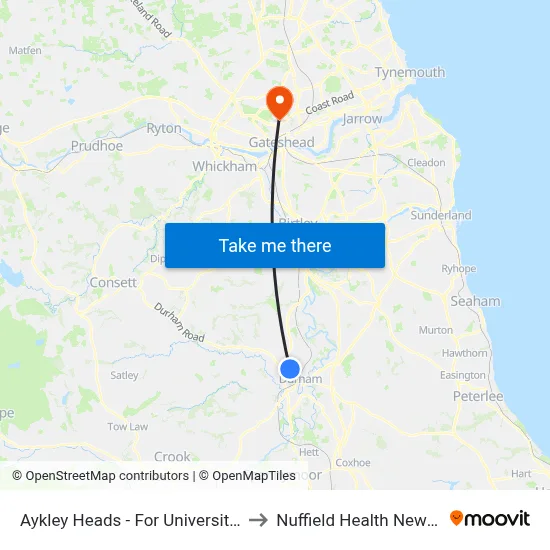 Aykley Heads - For University Hospital, Durham to Nuffield Health Newcastle Hospital map