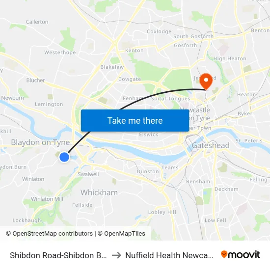 Shibdon Road-Shibdon Bank, Blaydon to Nuffield Health Newcastle Hospital map