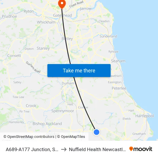 A689-A177 Junction, Sedgefield to Nuffield Health Newcastle Hospital map