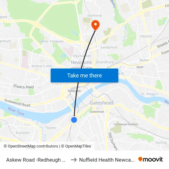 Askew Road -Redheugh Bridge, Teams to Nuffield Health Newcastle Hospital map