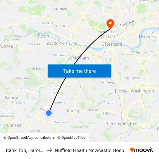 Bank Top, Harelaw to Nuffield Health Newcastle Hospital map