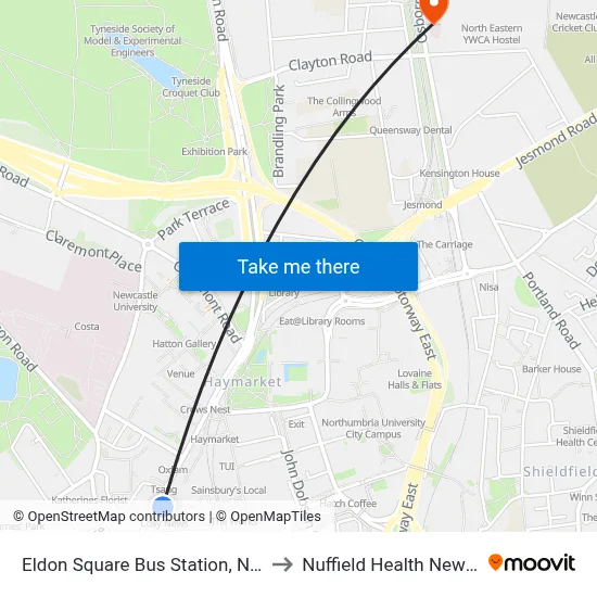 Eldon Square Bus Station, Newcastle upon Tyne to Nuffield Health Newcastle Hospital map