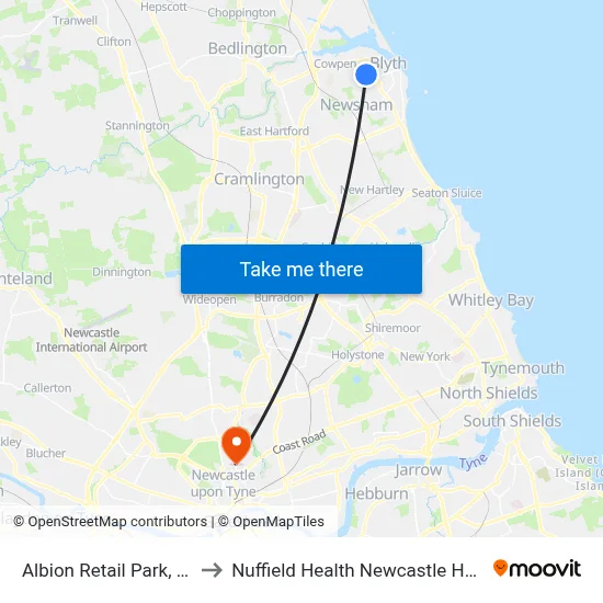 Albion Retail Park, Blyth to Nuffield Health Newcastle Hospital map