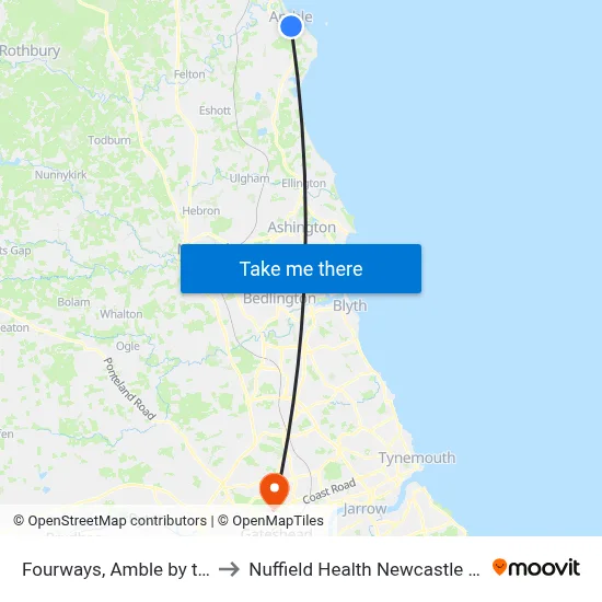 Fourways, Amble by the Sea to Nuffield Health Newcastle Hospital map