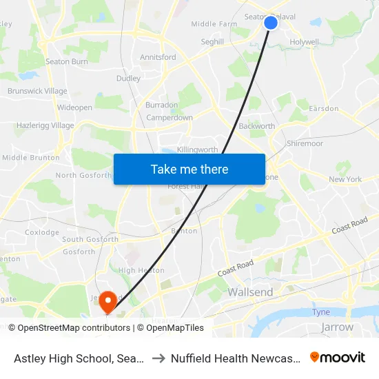 Astley High School, Seaton Delaval to Nuffield Health Newcastle Hospital map