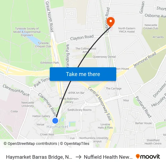 Haymarket Barras Bridge, Newcastle upon Tyne to Nuffield Health Newcastle Hospital map