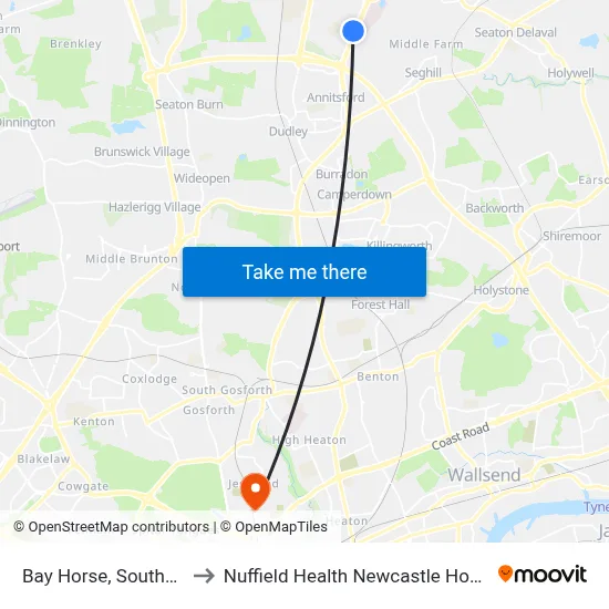 Bay Horse, Southfield to Nuffield Health Newcastle Hospital map