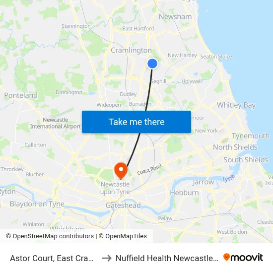 Astor Court, East Cramlington to Nuffield Health Newcastle Hospital map