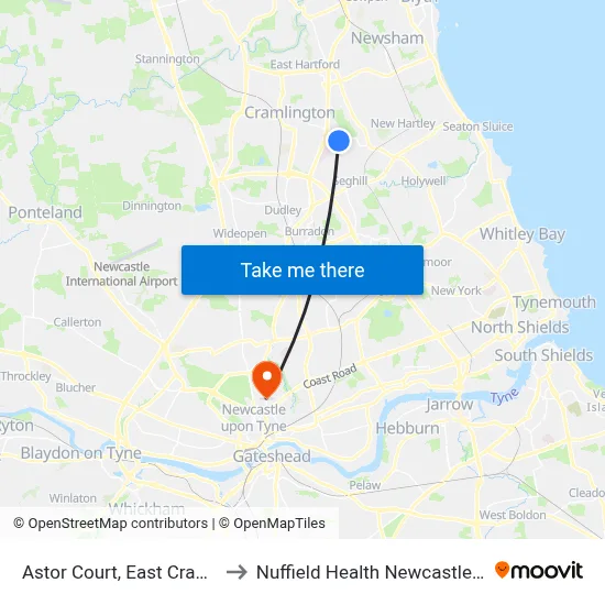 Astor Court, East Cramlington to Nuffield Health Newcastle Hospital map