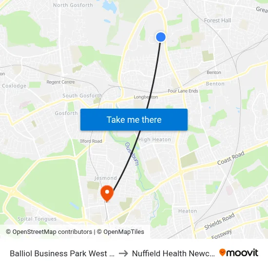 Balliol Business Park West Entrance, Benton to Nuffield Health Newcastle Hospital map