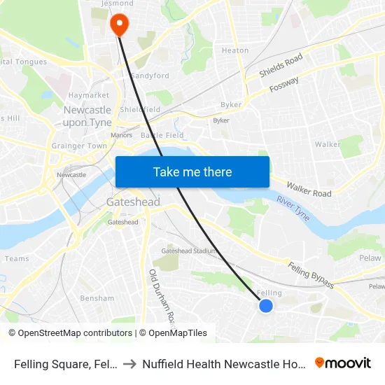 Felling Square, Felling to Nuffield Health Newcastle Hospital map