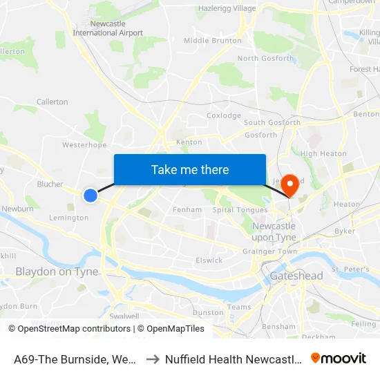 A69-The Burnside, West Denton to Nuffield Health Newcastle Hospital map