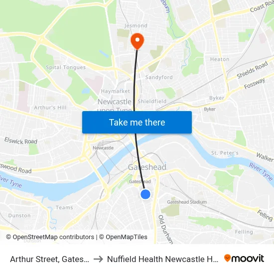 Arthur Street, Gateshead to Nuffield Health Newcastle Hospital map