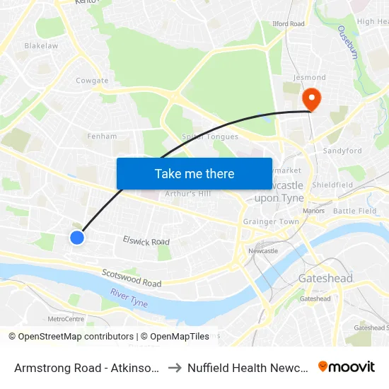 Armstrong Road - Atkinson Road, Benwell to Nuffield Health Newcastle Hospital map