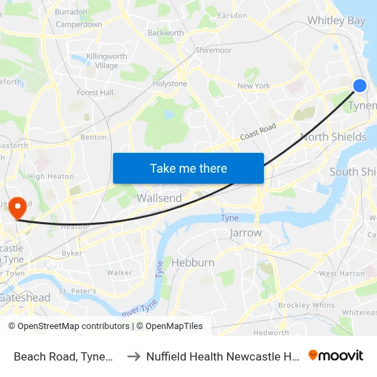 Beach Road, Tynemouth to Nuffield Health Newcastle Hospital map