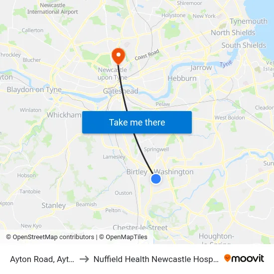 Ayton Road, Ayton to Nuffield Health Newcastle Hospital map