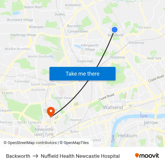 Backworth to Nuffield Health Newcastle Hospital map