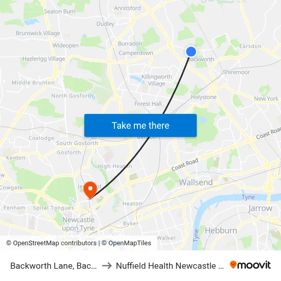 Backworth Lane, Backworth to Nuffield Health Newcastle Hospital map