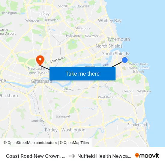 Coast Road-New Crown, South Shields to Nuffield Health Newcastle Hospital map