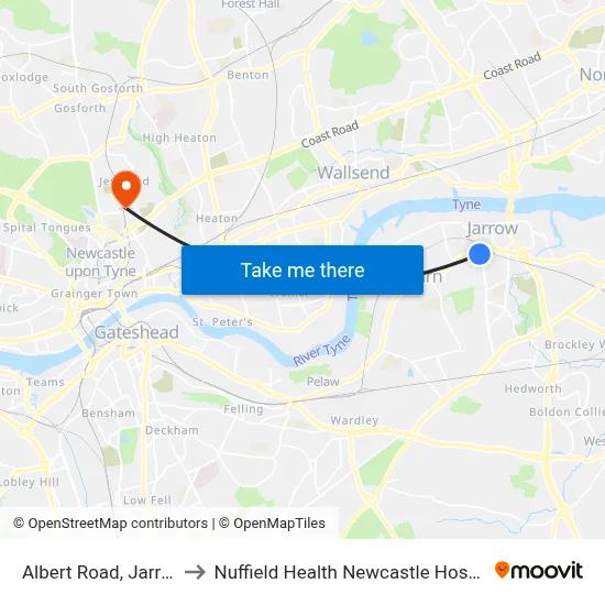 Albert Road, Jarrow to Nuffield Health Newcastle Hospital map