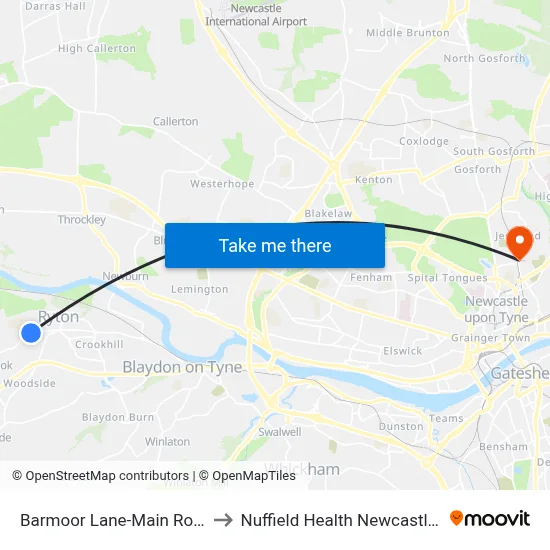Barmoor Lane-Main Road, Ryton to Nuffield Health Newcastle Hospital map