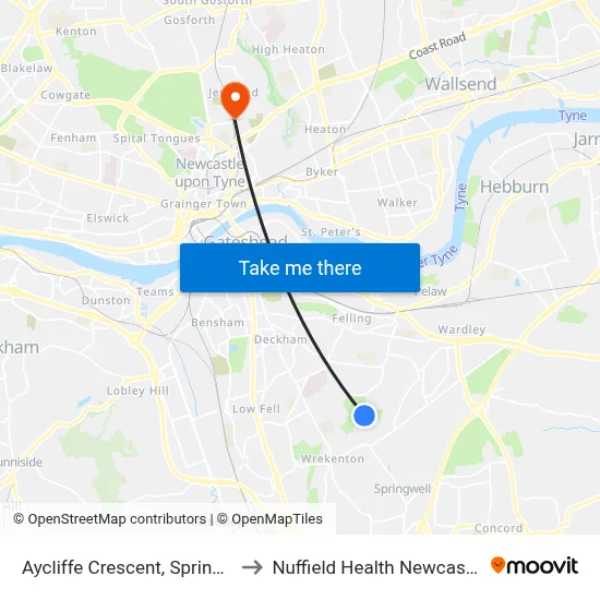 Aycliffe Crescent, Springwell Estate to Nuffield Health Newcastle Hospital map