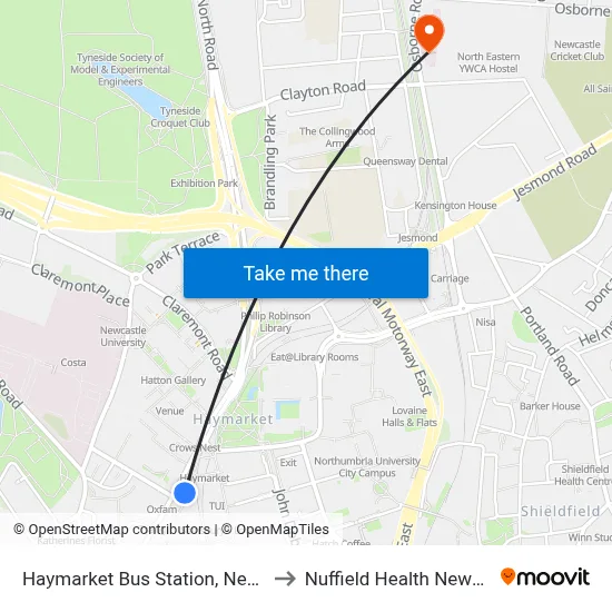 Haymarket Bus Station, Newcastle upon Tyne to Nuffield Health Newcastle Hospital map