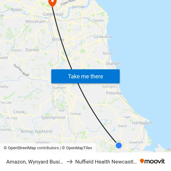 Amazon, Wynyard Business Park to Nuffield Health Newcastle Hospital map