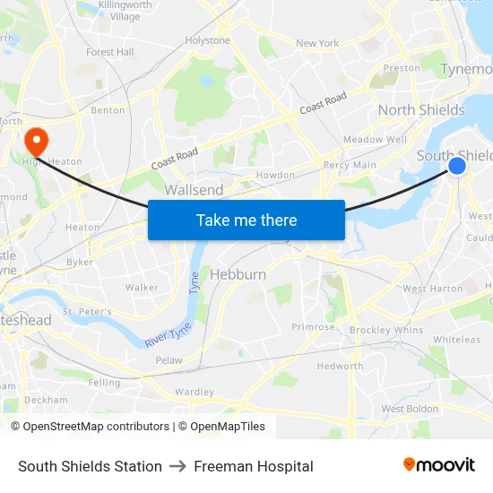 South Shields Station to Freeman Hospital map