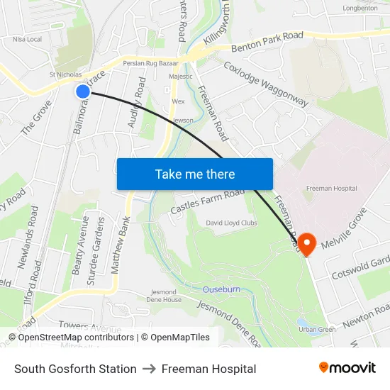 South Gosforth Station to Freeman Hospital map