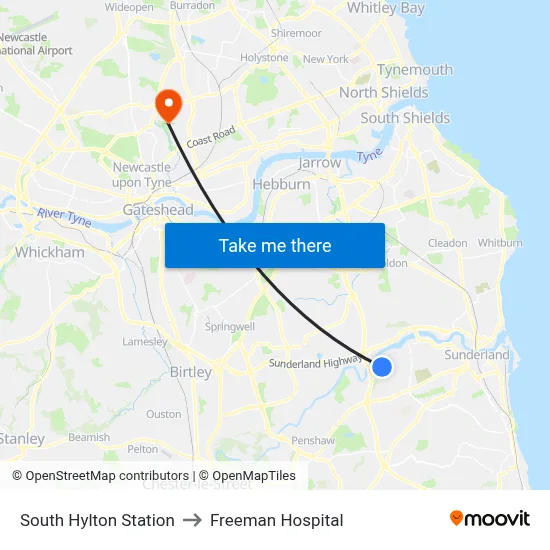 South Hylton Station to Freeman Hospital map