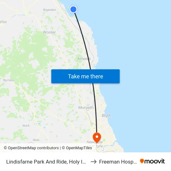 Lindisfarne Park And Ride, Holy Island to Freeman Hospital map