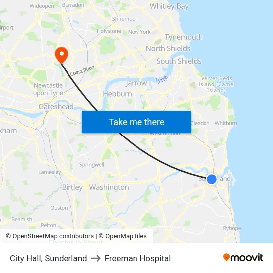 City Hall, Sunderland to Freeman Hospital map