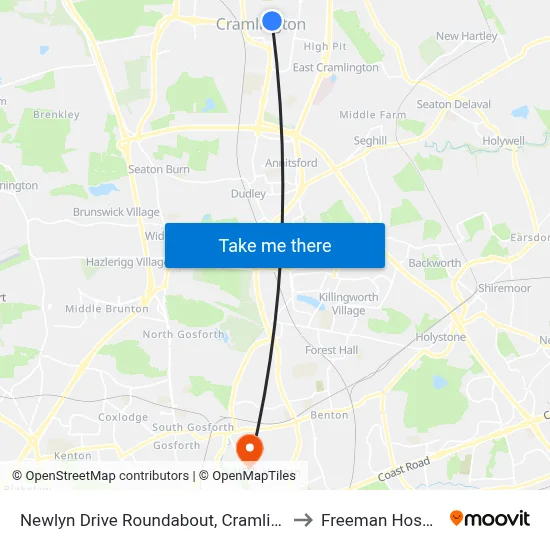 Newlyn Drive Roundabout, Cramlington to Freeman Hospital map