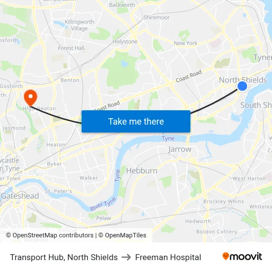 Transport Hub, North Shields to Freeman Hospital map