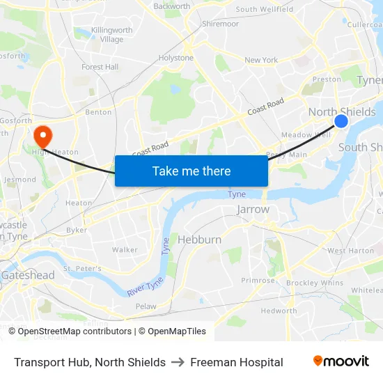 Transport Hub, North Shields to Freeman Hospital map