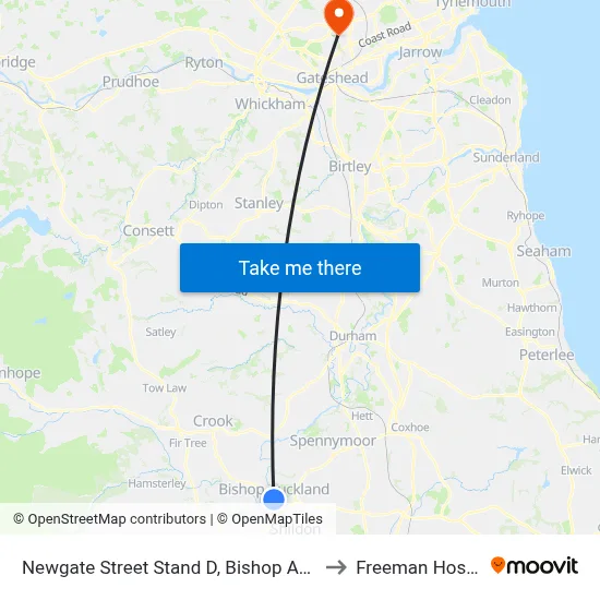 Newgate Street Stand D, Bishop Auckland to Freeman Hospital map