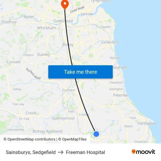 Sainsburys, Sedgefield to Freeman Hospital map