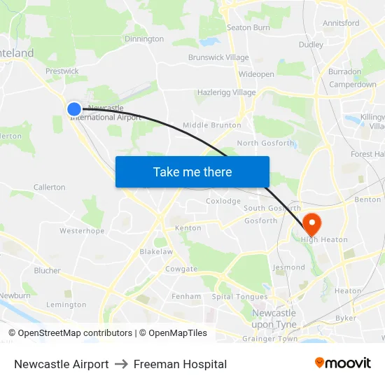 Newcastle Airport to Freeman Hospital map