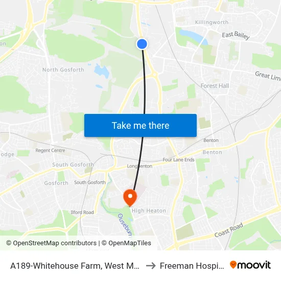A189-Whitehouse Farm, West Moor to Freeman Hospital map