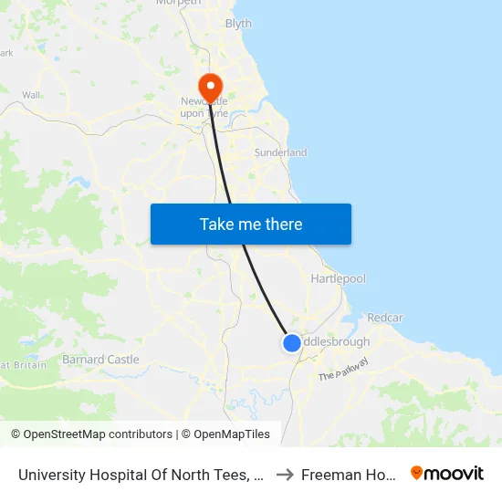 University Hospital Of North Tees, Hardwick to Freeman Hospital map
