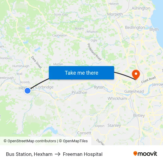 Bus Station, Hexham to Freeman Hospital map